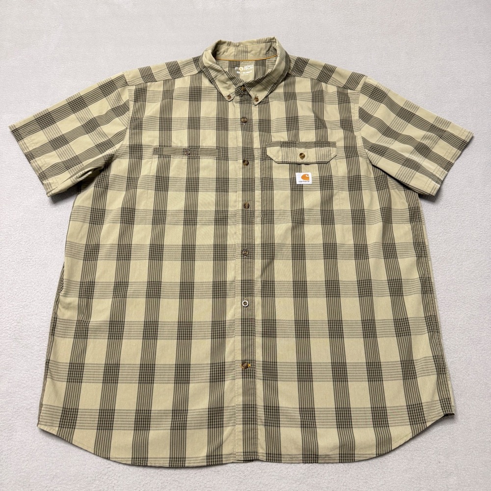 Carhartt Force Shirt Mens 2XL Tan Plaid Vented Relaxed Fit Button Down Pockets